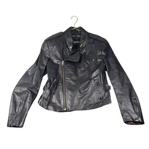 Donna Sacs Black Leather Moto Jacket Asymmetrical Zip Collar Size 44 MAS IS 0017